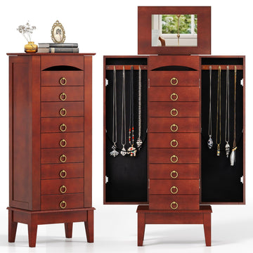 Standing Jewelry Cabinet with 9 Drawers, Flip Top Mirror, Cherry