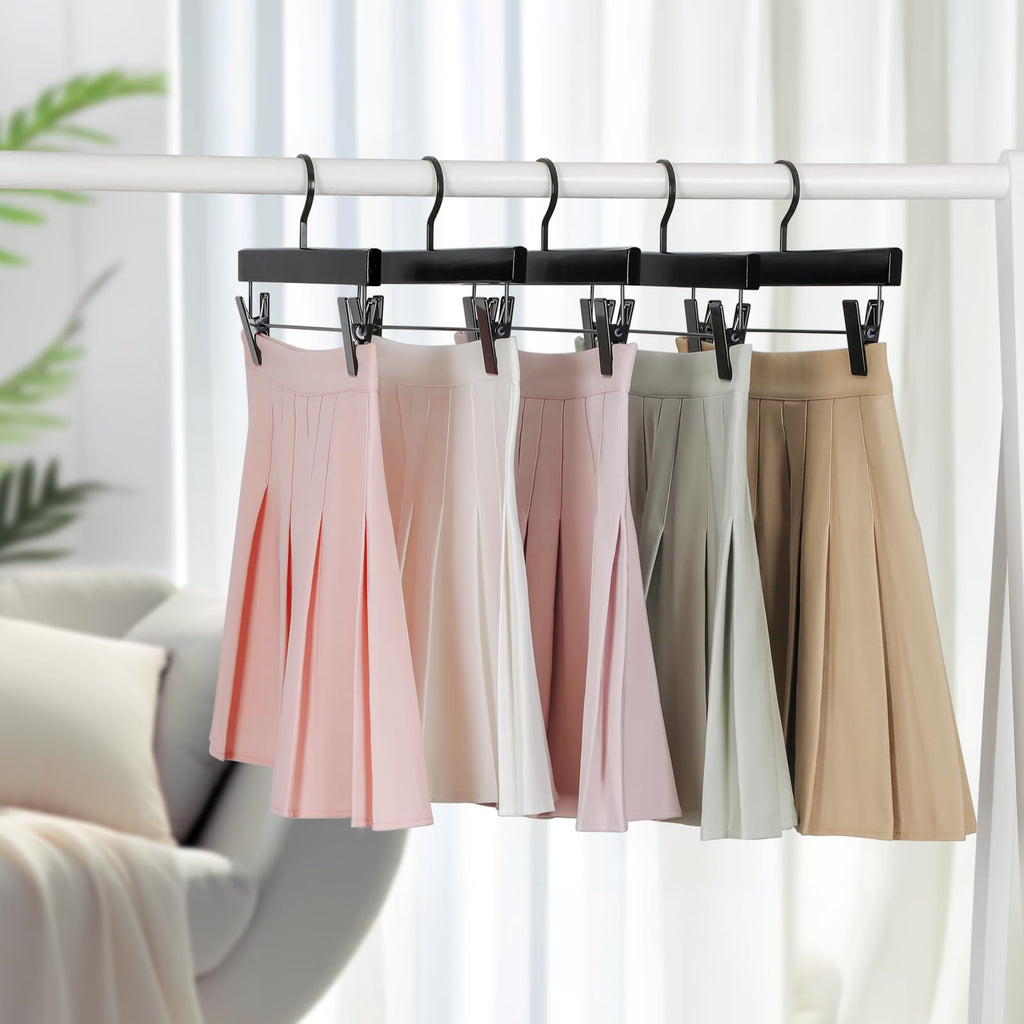 Black Wooden Pants Hangers, Wood Skirt Hangers with Clips, Deluxe Jeans Hanger with 360° Swivel Anti-Rust Flat Hook