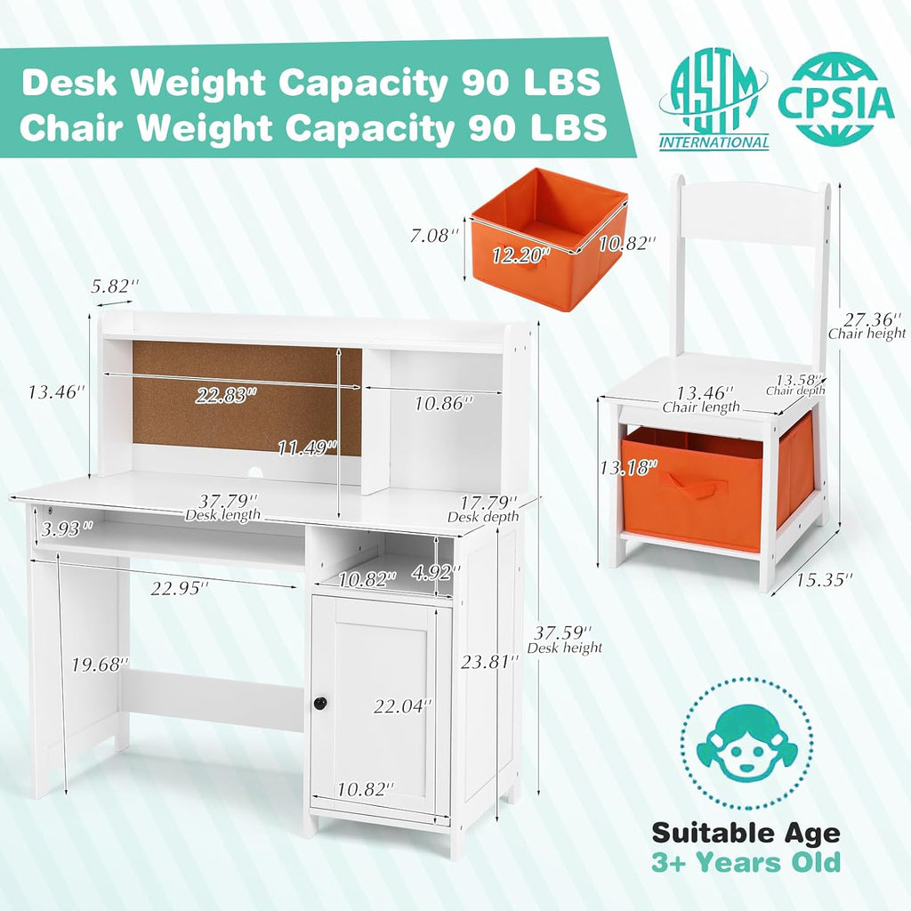 Wooden Kid's Study Desk and Chair Set w/Bookshelf, Corkboard & Storage Bin