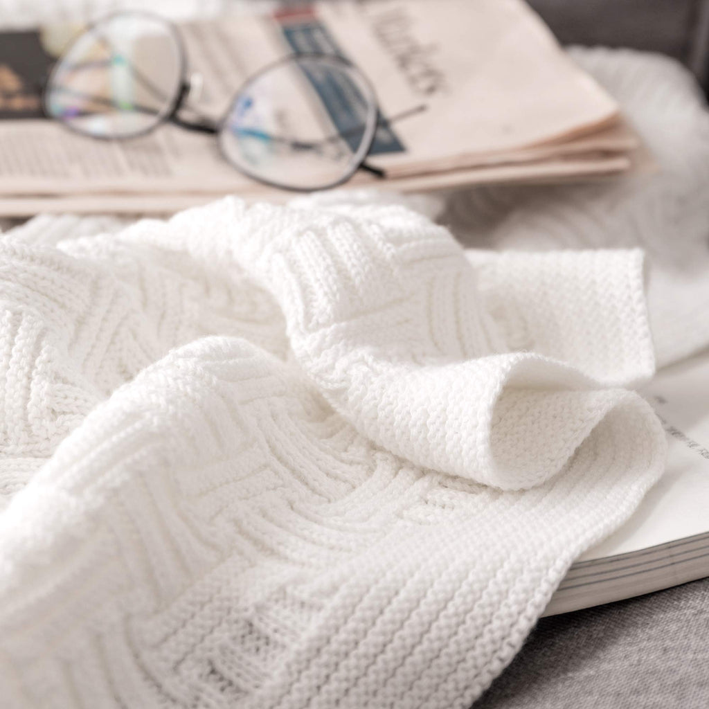 Pure White Cotton Cable Knit Throw Blanket for Couch Chair Sofa, Soft Cozy Home Decorative Blankets for All Seasons