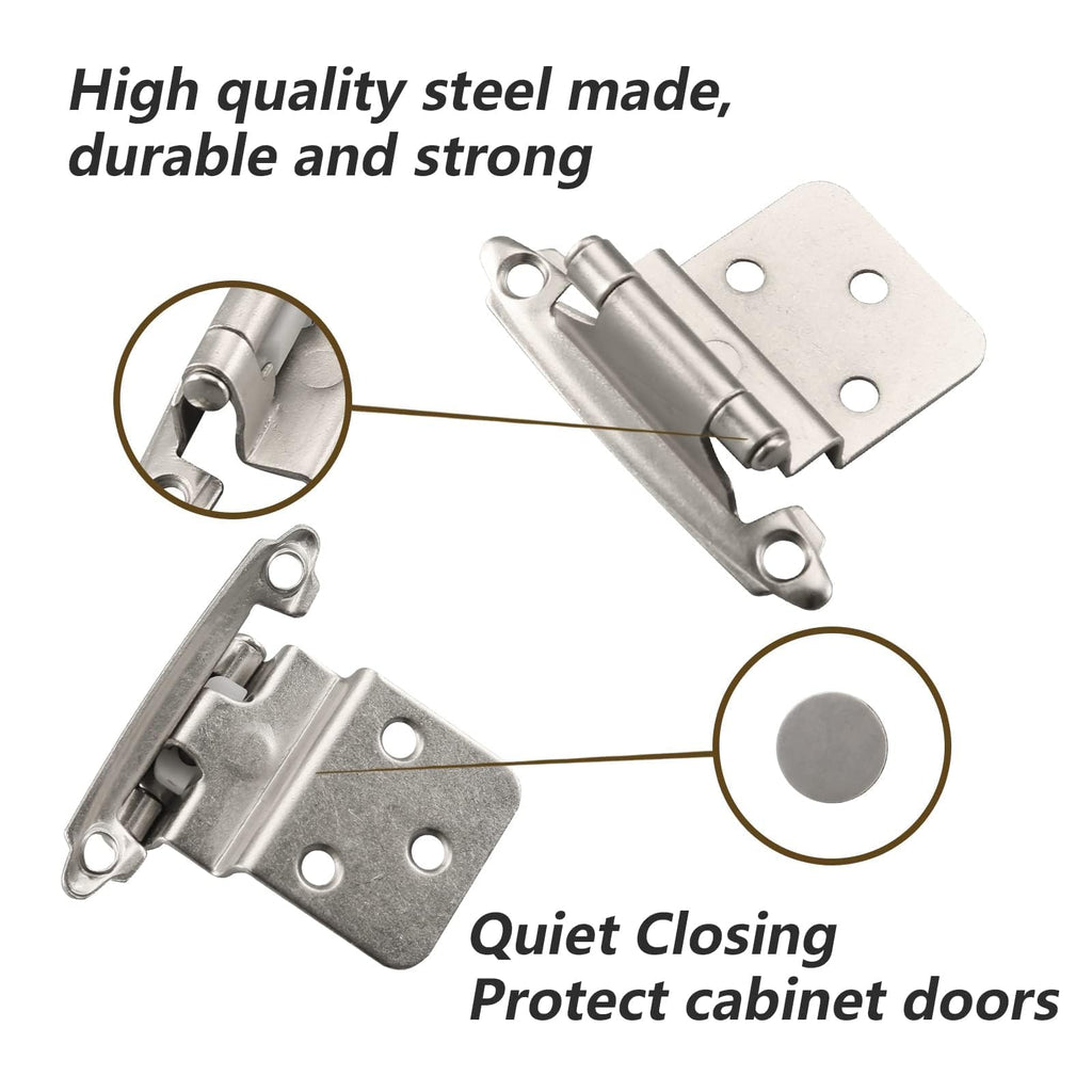 50 Packs (25 Pairs) 3/8" Inset Satin Nickel Cabinet Hinges, Self Closing Cabinet Door Hinges with Door Bumper