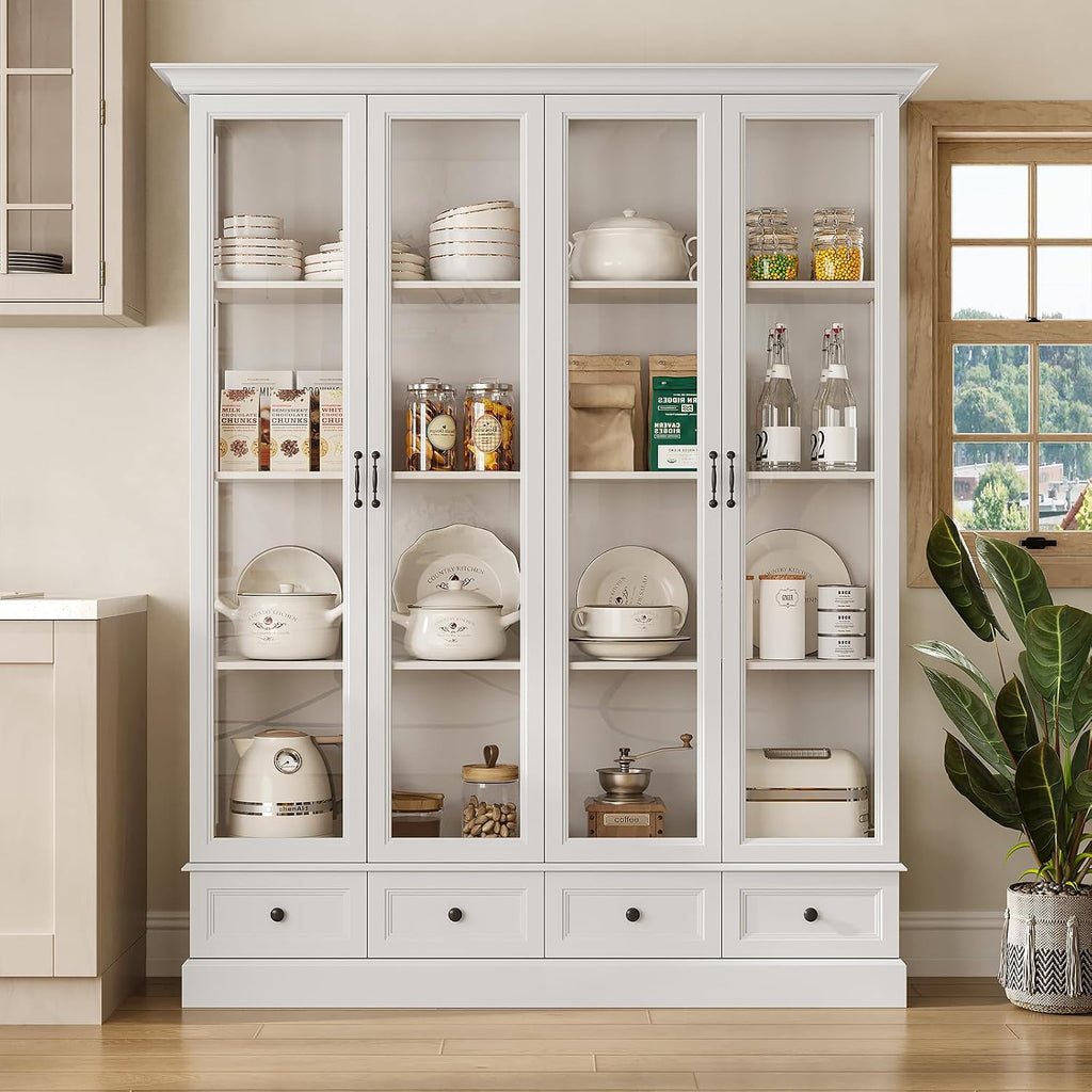 78" Tall Large Storage Cabinet with Glass Door, White Pantry | China Hutch, Farmhouse 4-Tier Display Cabinet with