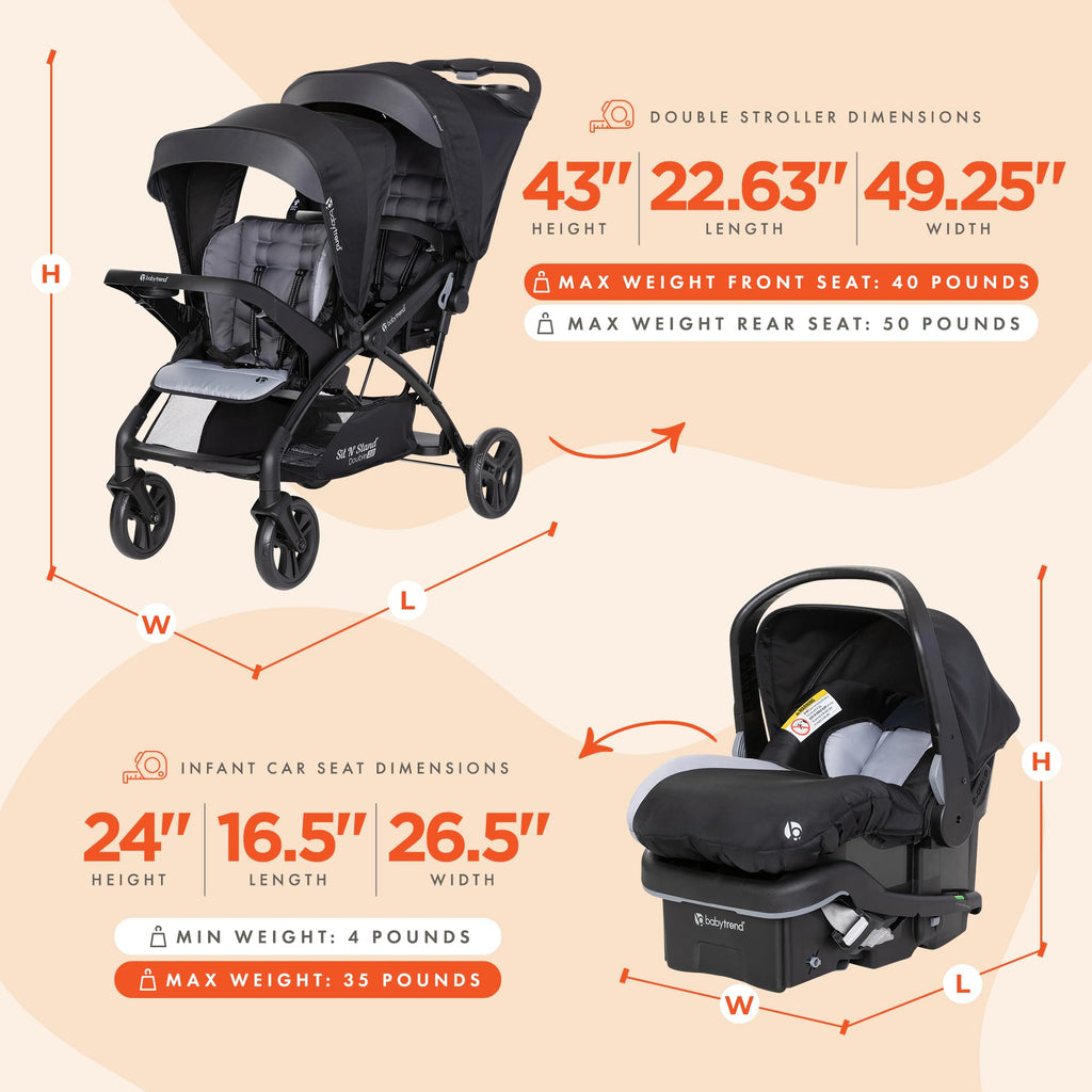 Baby Trend Compact Double Stroller & Infant Car Seat Combo, 2 Pc, Stormy