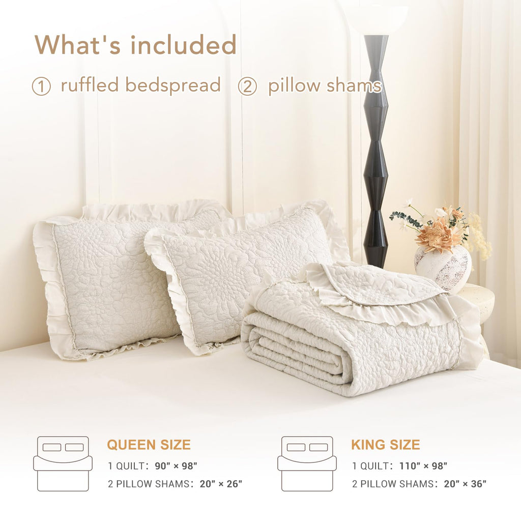 Wheat Quilt Sets, Stone-Washed Lightweight Ruffle Coverlet, 3Pcs Quilted Crinkled Shabby Bedspread Set