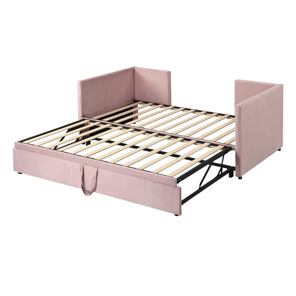 Twin Size Daybed, Upholstered Twin Daybed with Extendable Trundle, Twin Size Daybed Frame, Pink