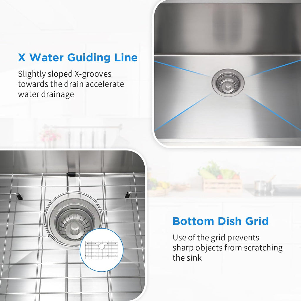 32 Inch Undermount Kitchen Sink with Quiet Drain, Bottom Grid - 11 Gauge Stainless Steel Single Bowl
