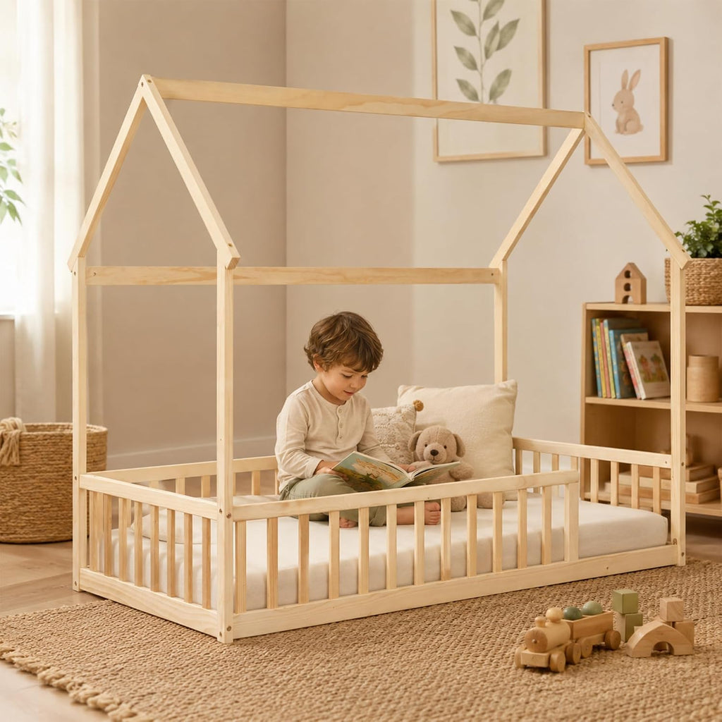 Tw Floor Bed with Roof and Guardrails, No Box Spring, Natural | Pine wood kids floor bed with low design, guardrails