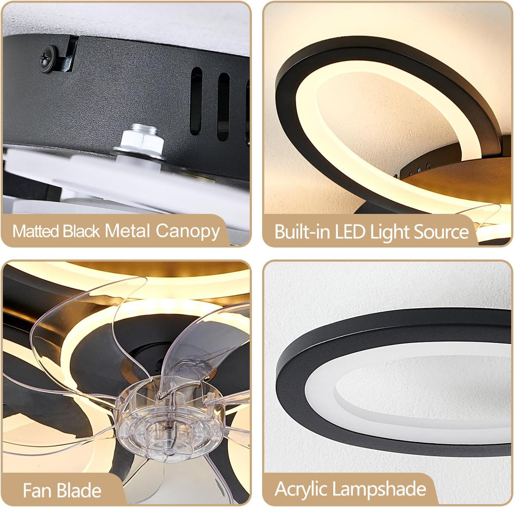 Black-Star Ring Ceiling Fans with Lights and Remote, 27 Inch Modern Low Profile Flush Mount Ceiling Fan