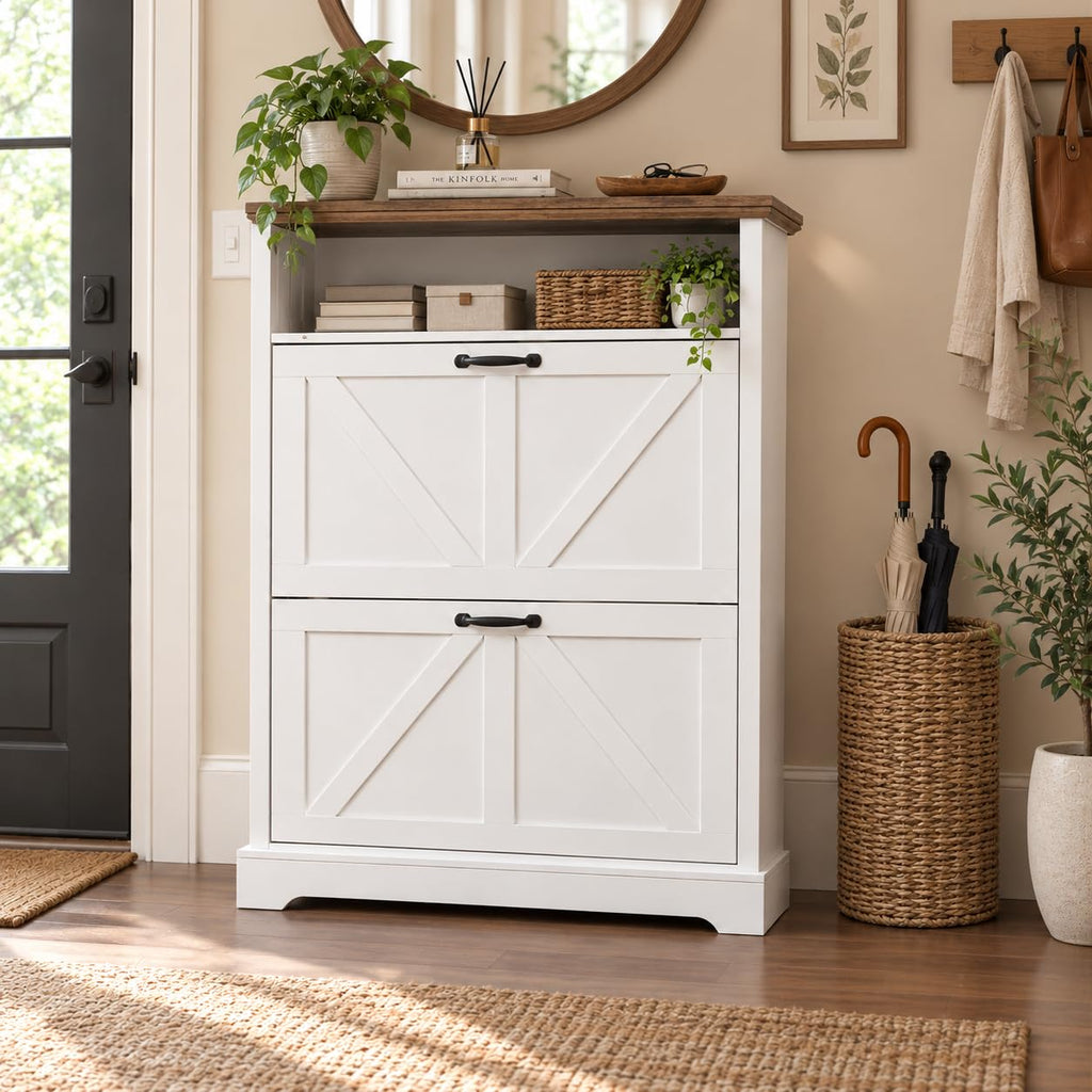 Farmhouse Freestanding Shoe Cabinet, 31.5" White