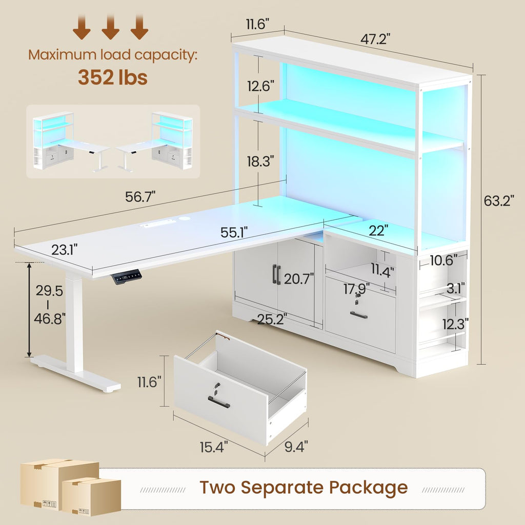57" L Shaped Standing Desk, Sit Stand Office Desk with Storage Hutch