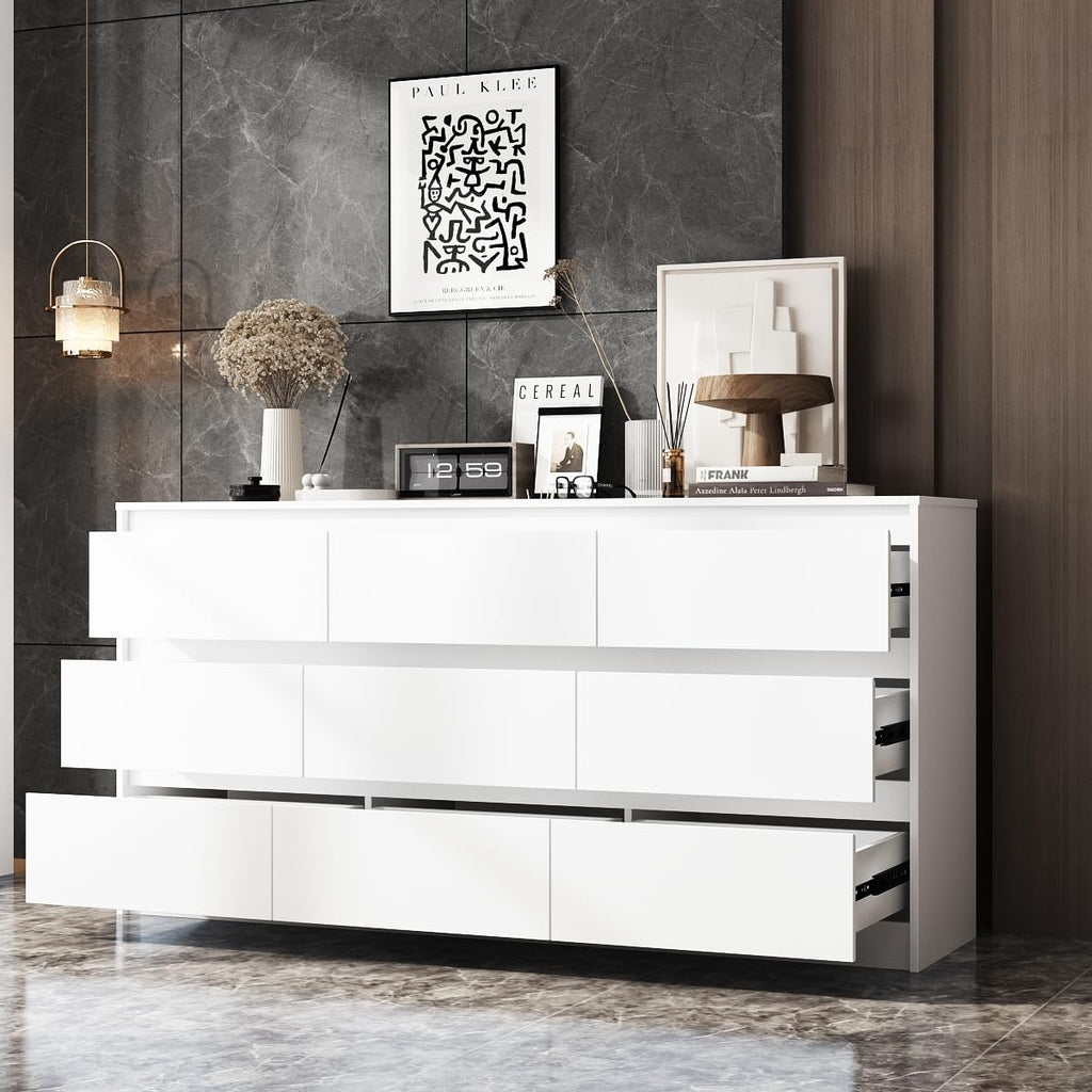 9 Drawer with Deep Drawers, Large Floor Wood Dressers & Chest of Drawers Handle Free, Modern White Long Dressers for