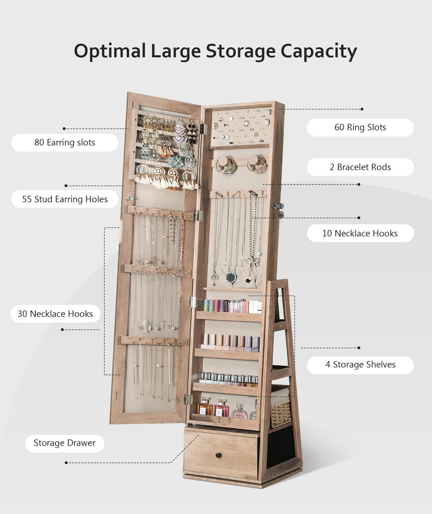 360° Swivel Jewelry Cabinet, Full Length Mirror, Lockable, Oak