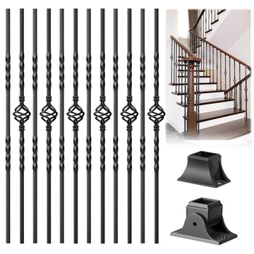 Staircase Balusters, 12-Pack Hollow Stair Spindles 40" Single Basket with Double Twist 1/2" Iron Balusters for
