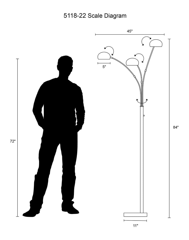 Inspired Arco Style 5118-22 Domino Arc Lamp, 84 in, 3 x S11 Shape Bulbs E17 Intermediate Socket, Brushed Steel, 1 Floor Lamp