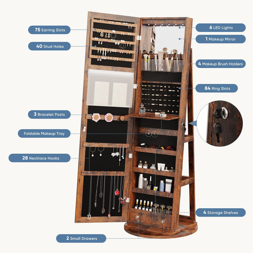 360° Swivel Jewelry Cabinet with Light, Lockable Full Length Mirror