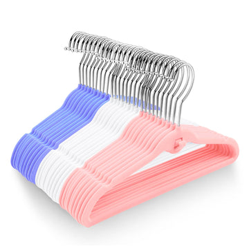 Pack of 30 Kids Velvet Hangers, Non-Slip Space-Saving with Cascading Mini Hooks, Multi-Color (Pink, Lavender, White)