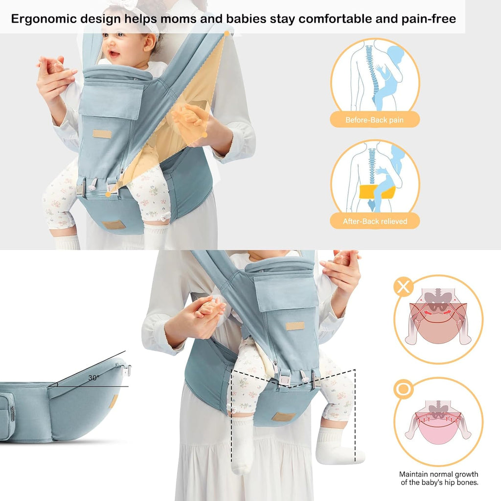 Carrier Newborn to Toddler with Hip Seat, Soft in-1 Ergonomic All Positions Infant Carrier 7-33 lb with Hood