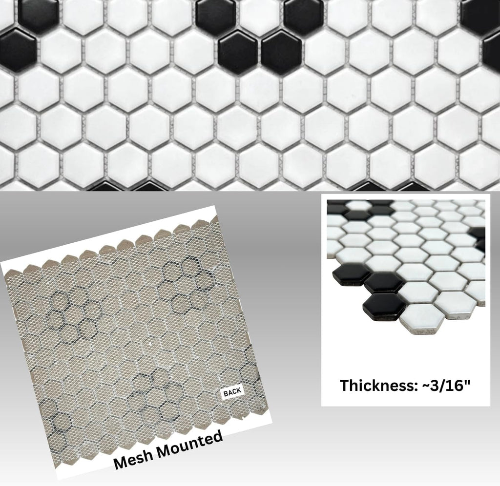 Hexagon Matte White with Black Hexagon Flower Pattern Porcelain Mosaic Floor and Wall Tile Backsplash, Bathroom