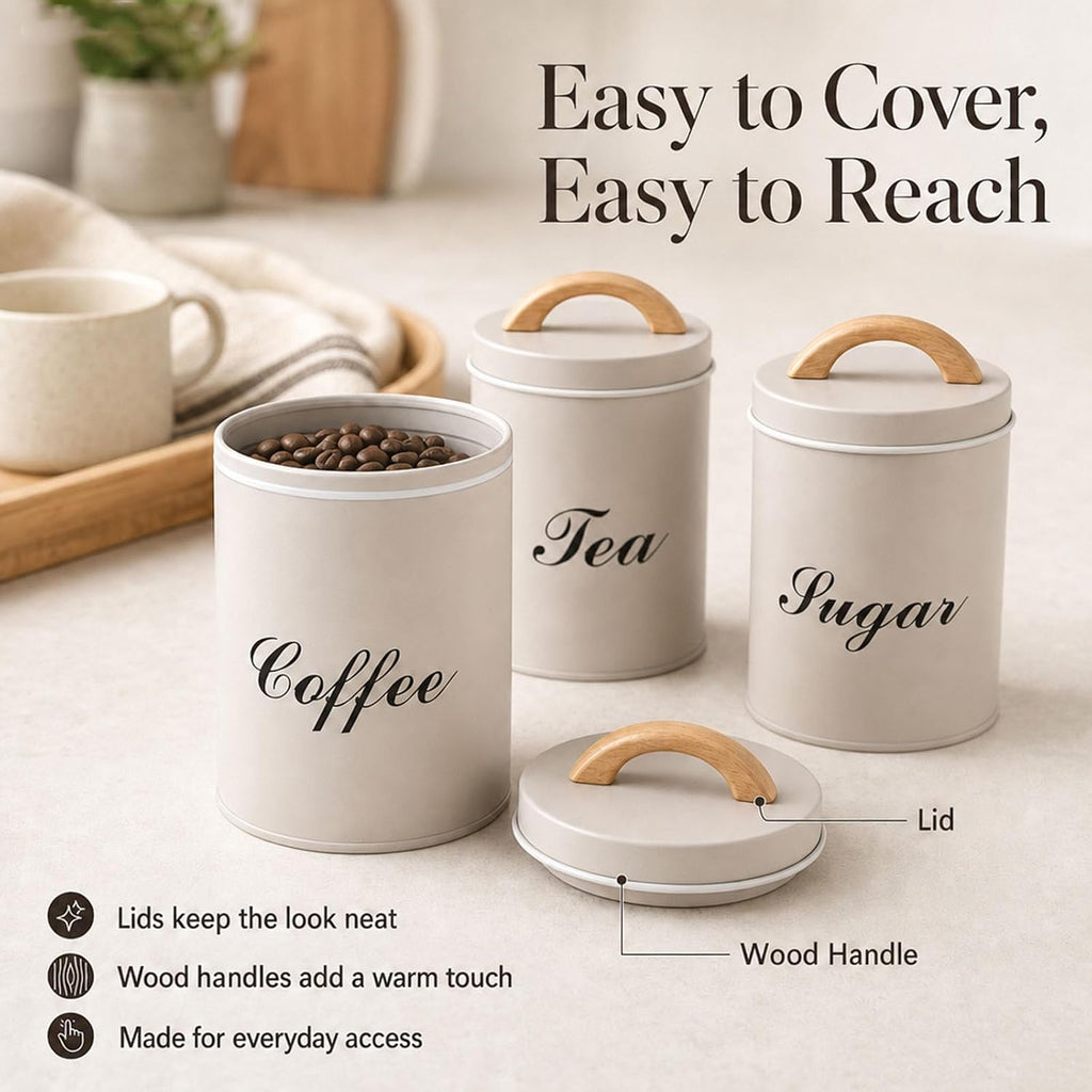 Coffee Sugar Tea Canister Set, 3 Pack Metal Kitchen Containers with Airtight Lids and Wood Handle, Labeled Food - Set of 3