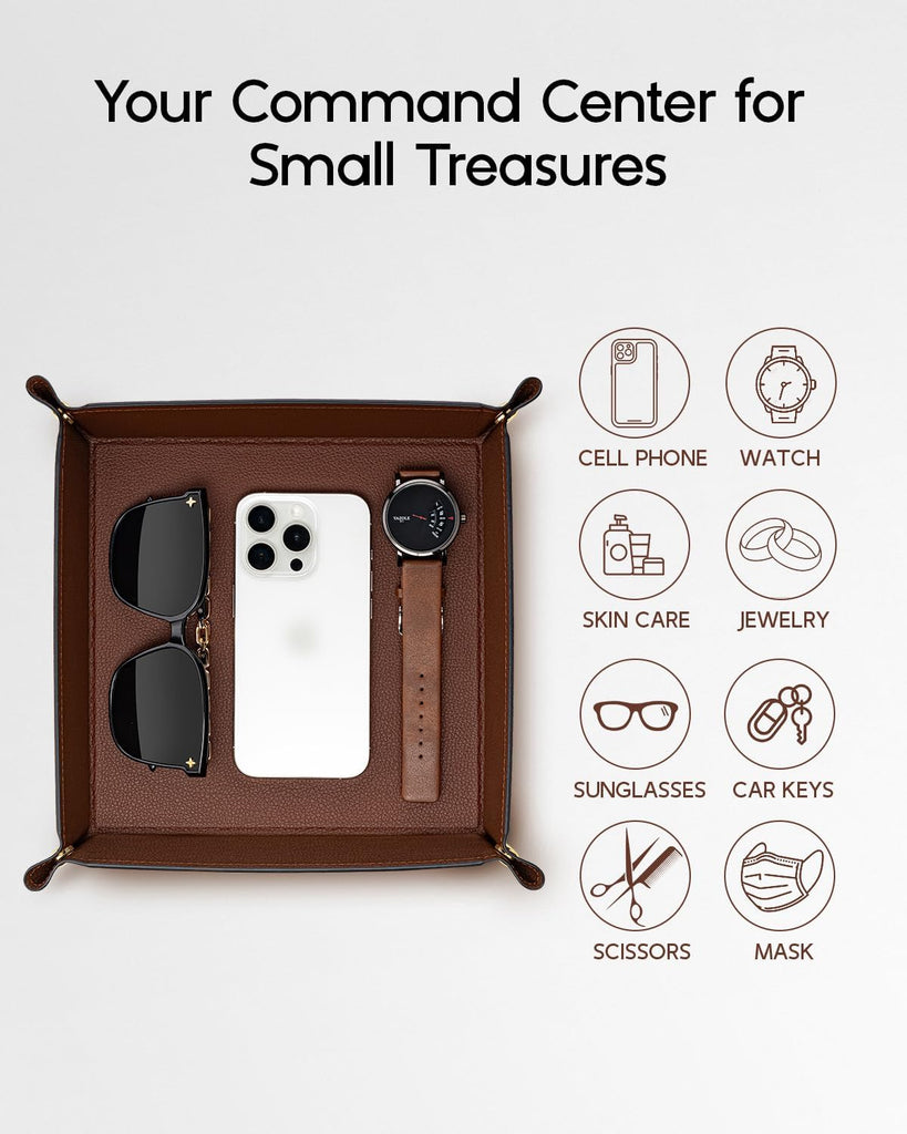 Valet Tray Organizer, Foldable PU Leather Catchall Tray, Brown
