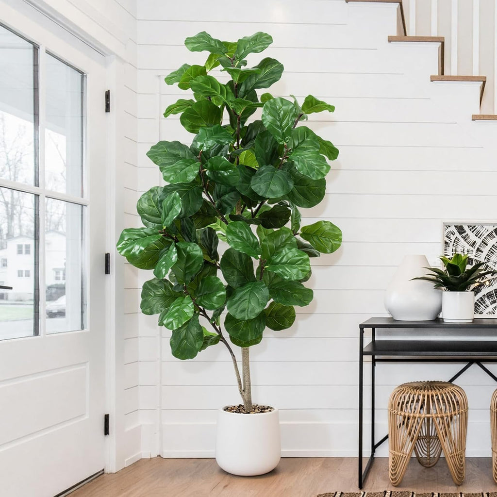 Faux Fiddle Leaf Fig Tree 6ft Tall Indoor Fake Tree in White Pot with 106 Leaves Artificial Ficus Lyrata House Plant