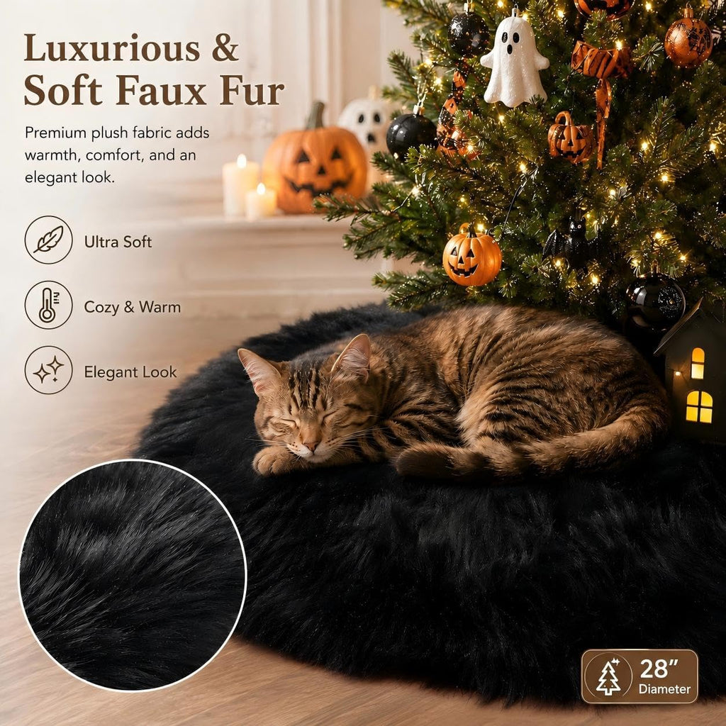 28 Inch Black Faux Fur Christmas Tree Skirt for Halloween Decorations