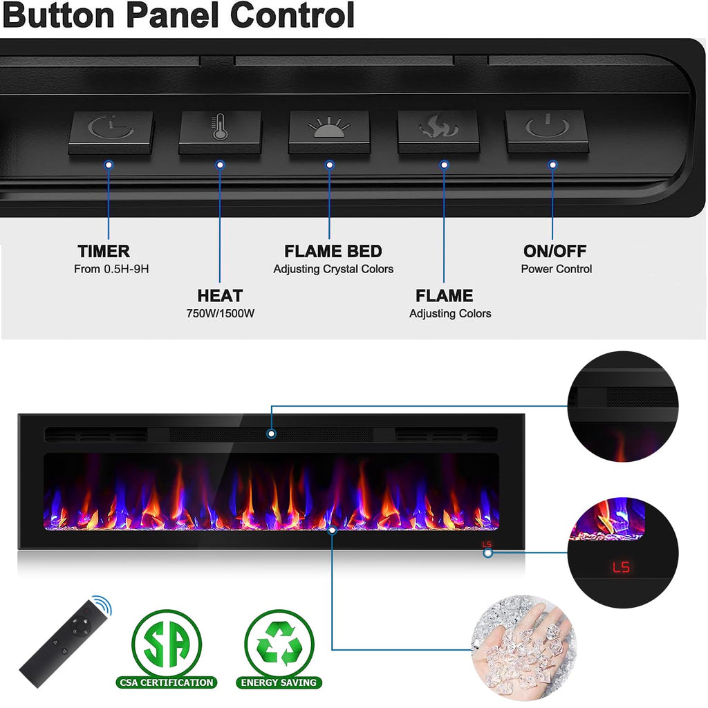 60 Inch Electric Fireplace Recessed and Wall Mounted, Fireplace Heater and Linear Fireplace, Ultra-Thin Electric