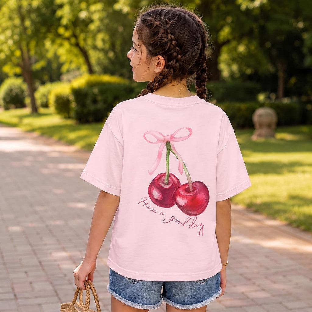 Girls Cute Graphic Tees Kids Bow Cherry Shirt Aesthetic Short Sleeve T Shirts Casual Summer Crew Neck Top Clothes