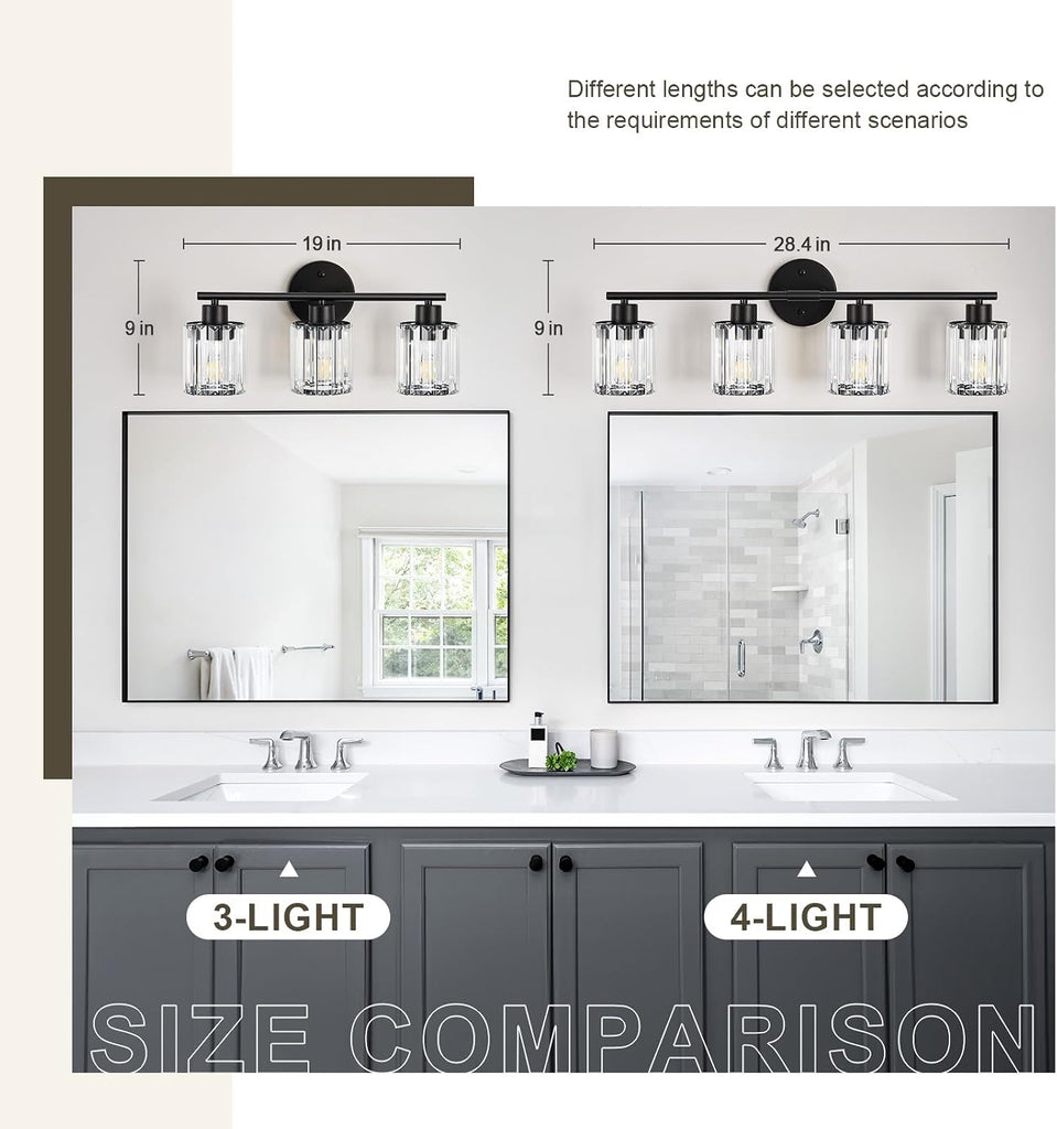 Modern Black Crystal Bathroom Light Fixtures,3-Light | Bathroom Lighting Fixtures over Mirror,Vanity Lights for