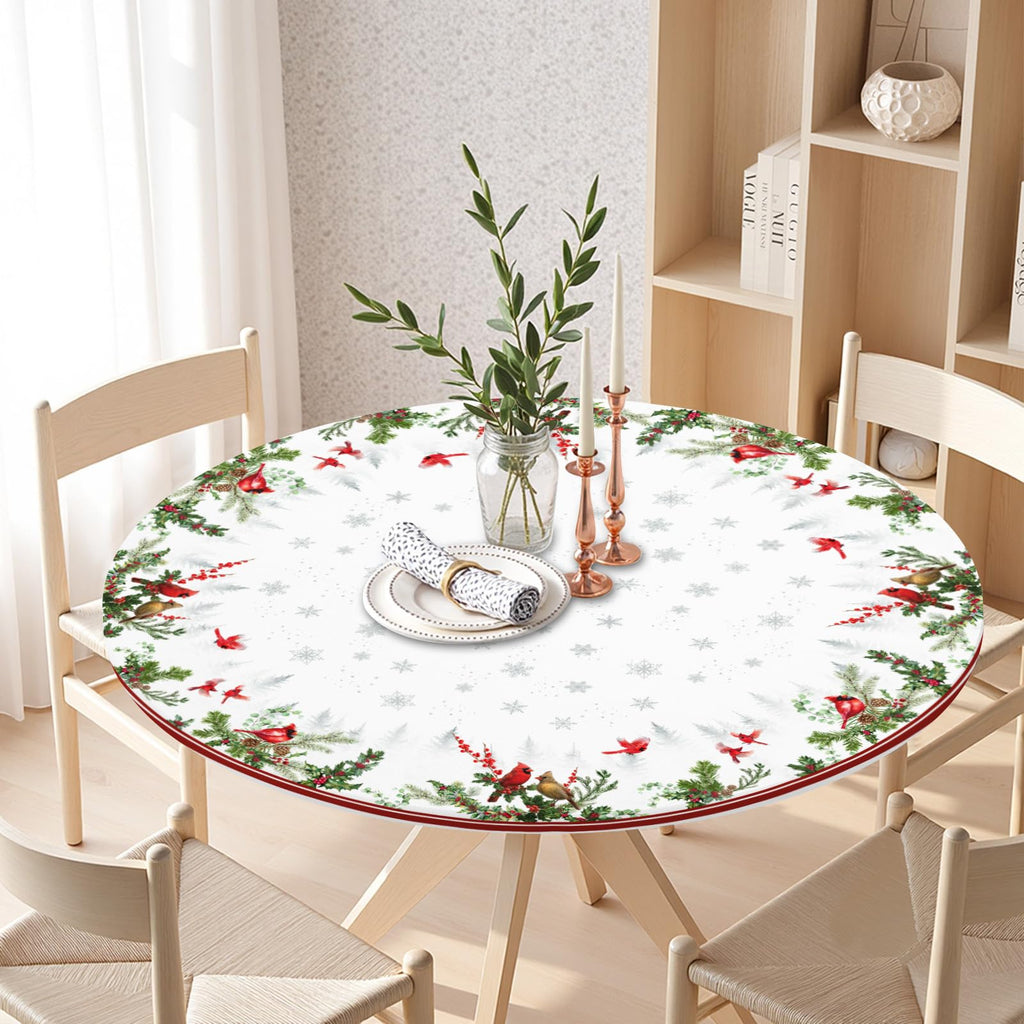 Winter Round Fitted Tablecloth with Elastic Edge, Water-Resistant Reusable Christmas Cardinal Bird Snowflake Red Table