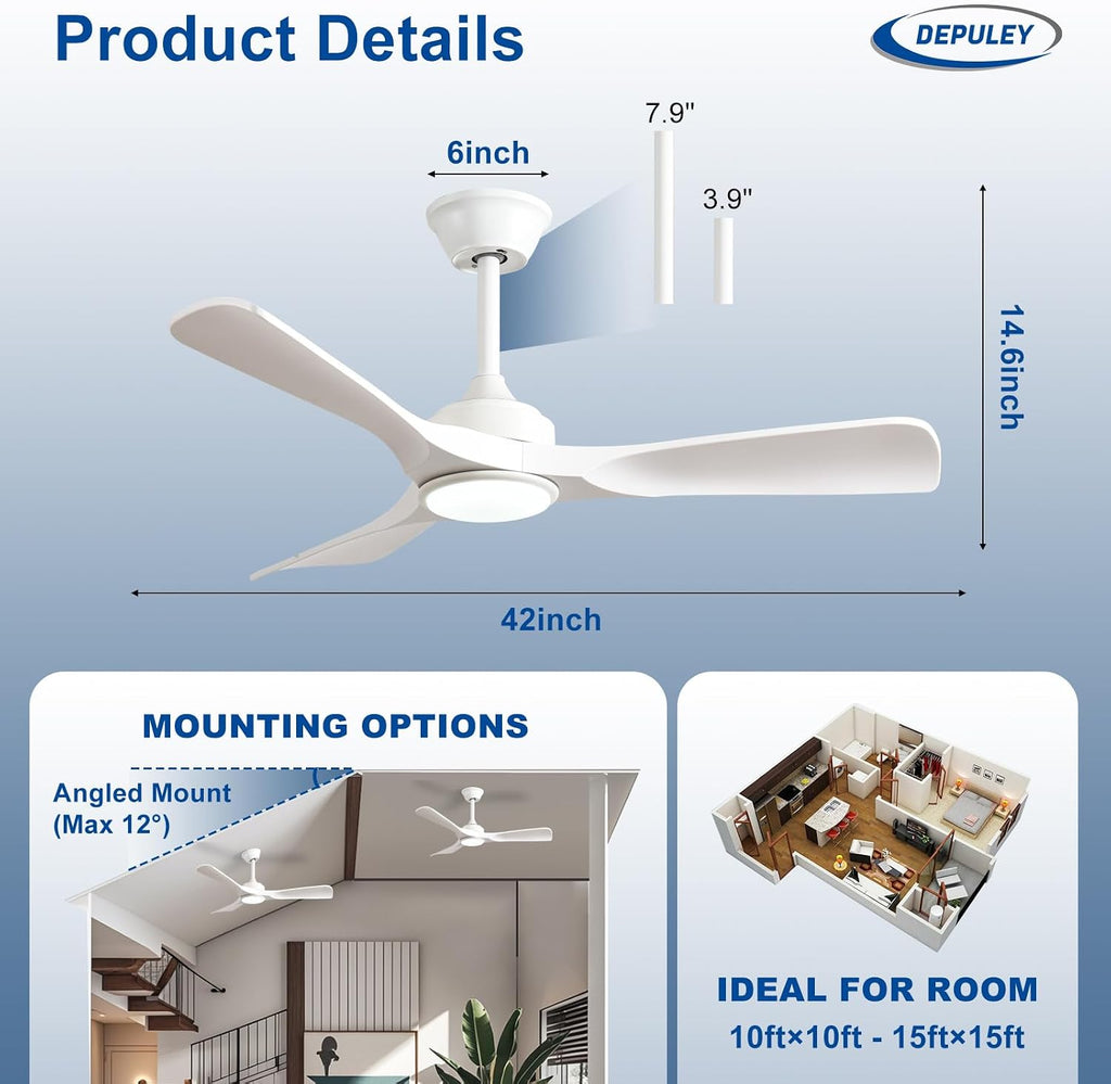 42-Inch Ceiling Fan with Light: White 3 Blade Indoor Outdoor Fans for Patios - Dimmable Ceiling Fan with Remote APP Control Ultra Quiet DC Motor Reversible 6 Speed Timer A101-B0F83L8L8K