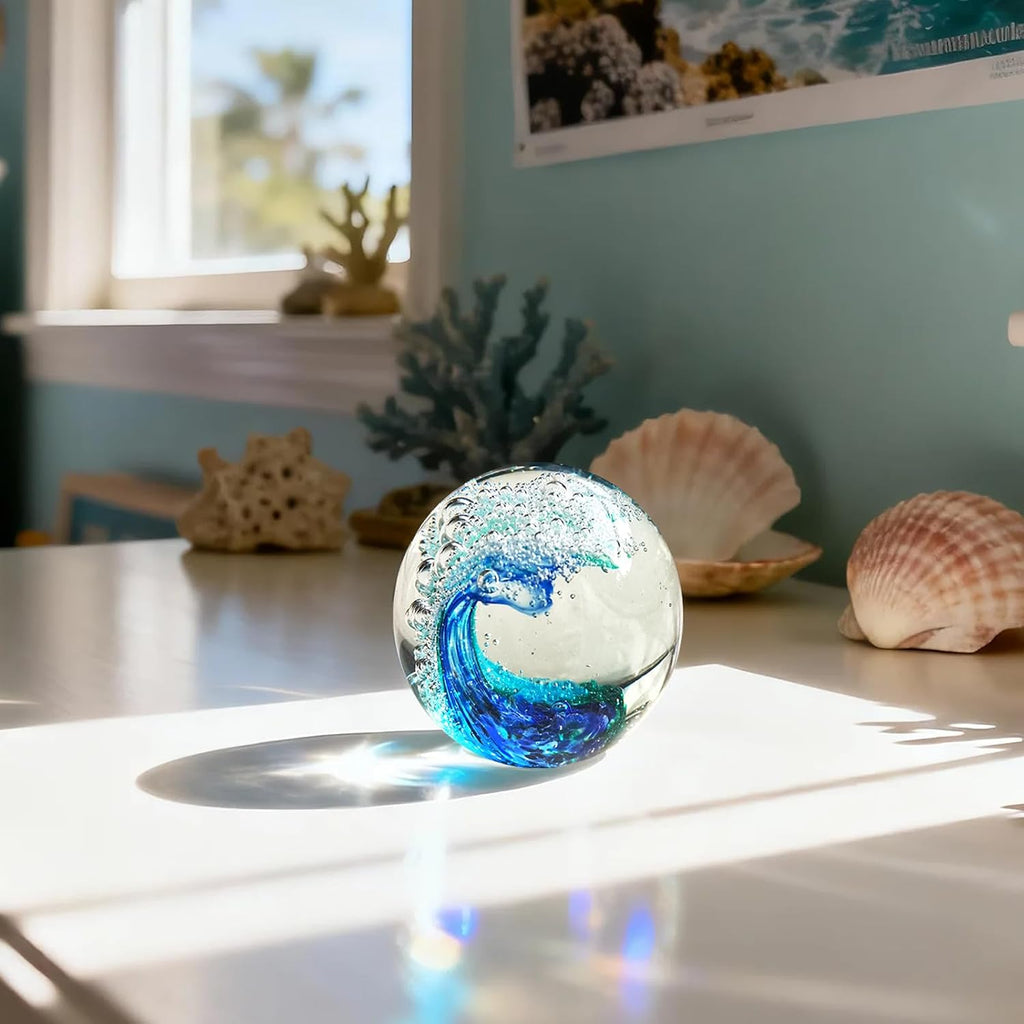 Hand Blown Ocean Wave Glass Paperweight - Blue Sea Glass Art for Beach Home Decor, Unique Gift for Ocean Lovers