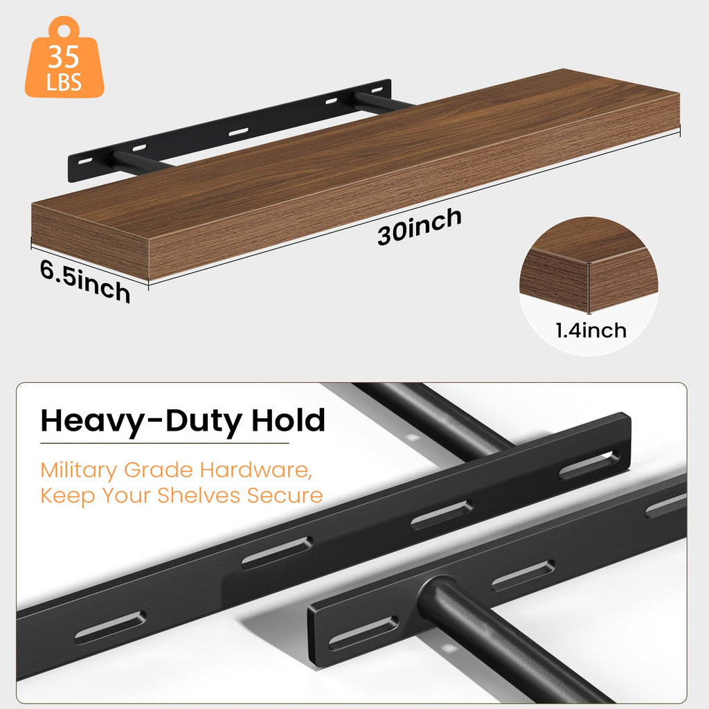 Floating Shelves for Wall, 30 Inch Set of 2 Rustic Wood Wall Shelves with Invisible Brackets, Heavy Duty Storage