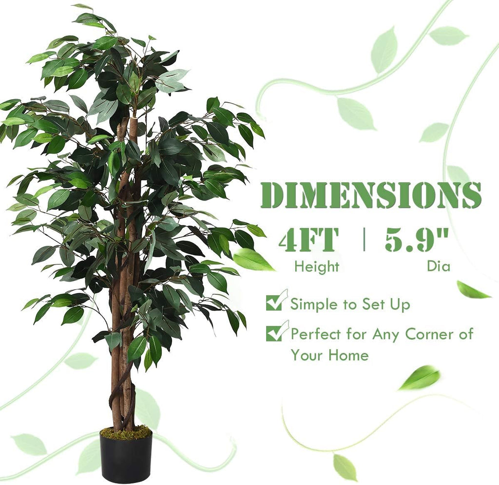 4FT Artificial Ficus Silk Tree, Potted Fake Tree w/Green Leaves and Natural Trunk, Maintenance Free, Tall Faux Plant