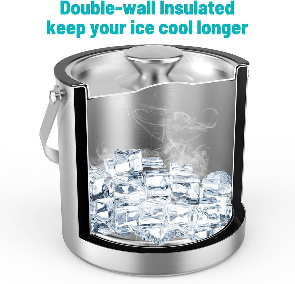 3L Stainless Steel Ice Bucket, Double Wall Insulated Ice Bucket with Lid, Drain Plate, Scoop, Tong for Parties