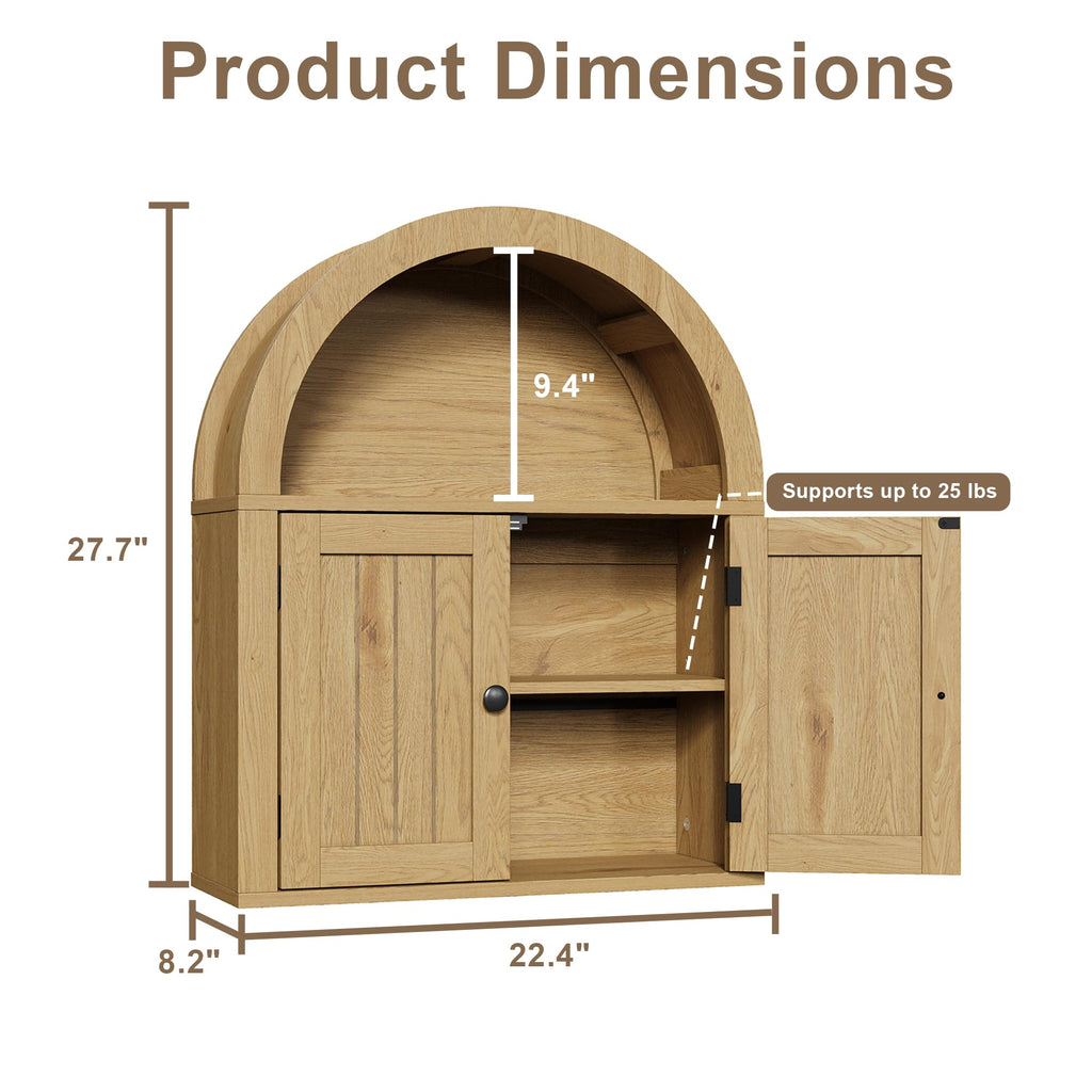 Arched Wall Cabinet, Double Door Medicine Cabinet with Shelf