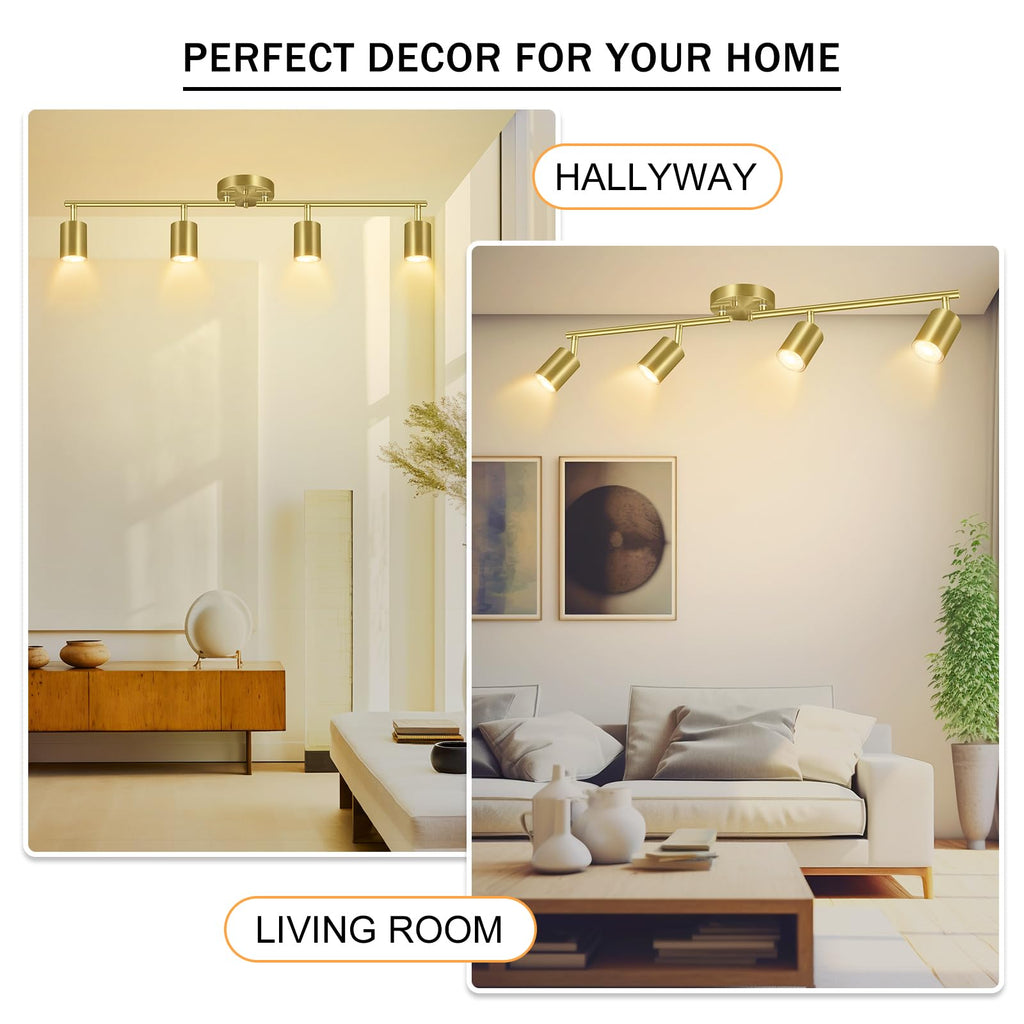 Gold LED 4 Light Track Lighting Kit, 4 Way Ceiling Spot Lighting, Flexibly Rotatable Light Head, Bulb Not Included