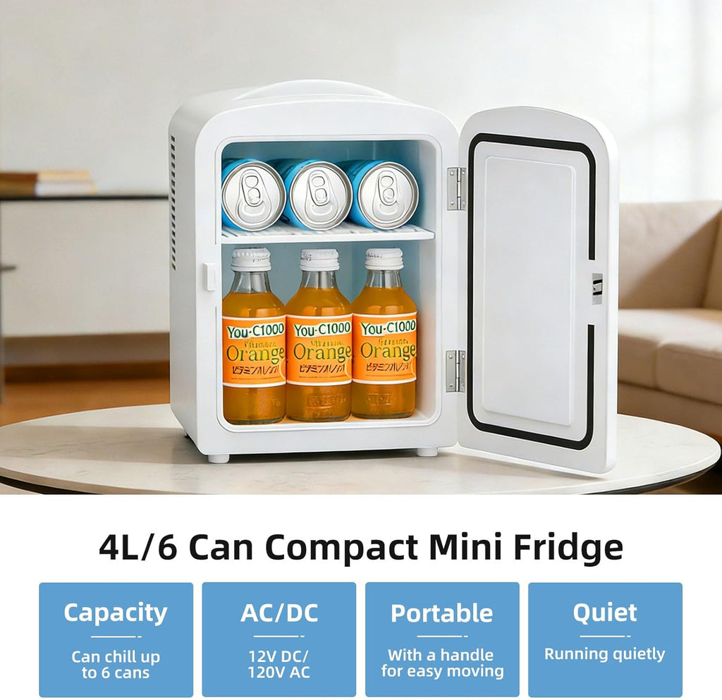 4L/6 Can Portable Mini Fridge,Personal Compact Refrigerator,Small Cooler for Food,Drinks or Skin Care, AC/DC for