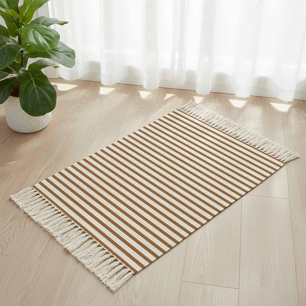Minimalist Chestnut Brown Striped Runner Rug with Tassel Modern Art Vertical Line Print Entryway Rugs Washable