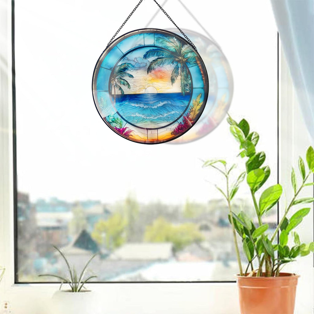 Blue Ocean Sunset Glass Window Hanging Decor, 8" Stained Glass Sun Catcher Hanging Decoration with Metal Chain-Sun
