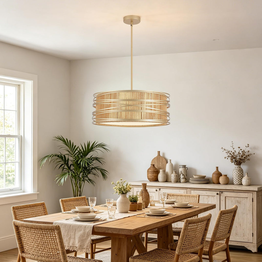 5-Light Rattan Drum Chandelier 19.7'' Boho Gold Pendant Light