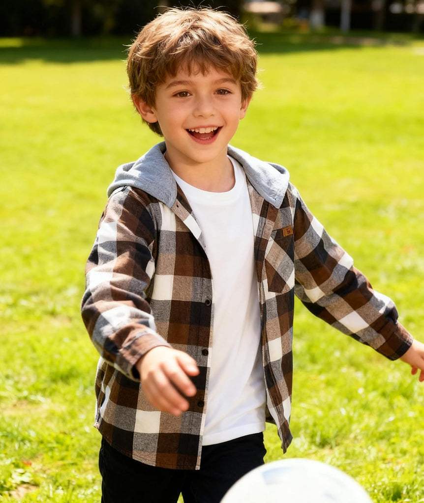 Boys Plaid Flannel Shirts Unisex Kids Long Sleeve Casual Button Down Shirt with Hood