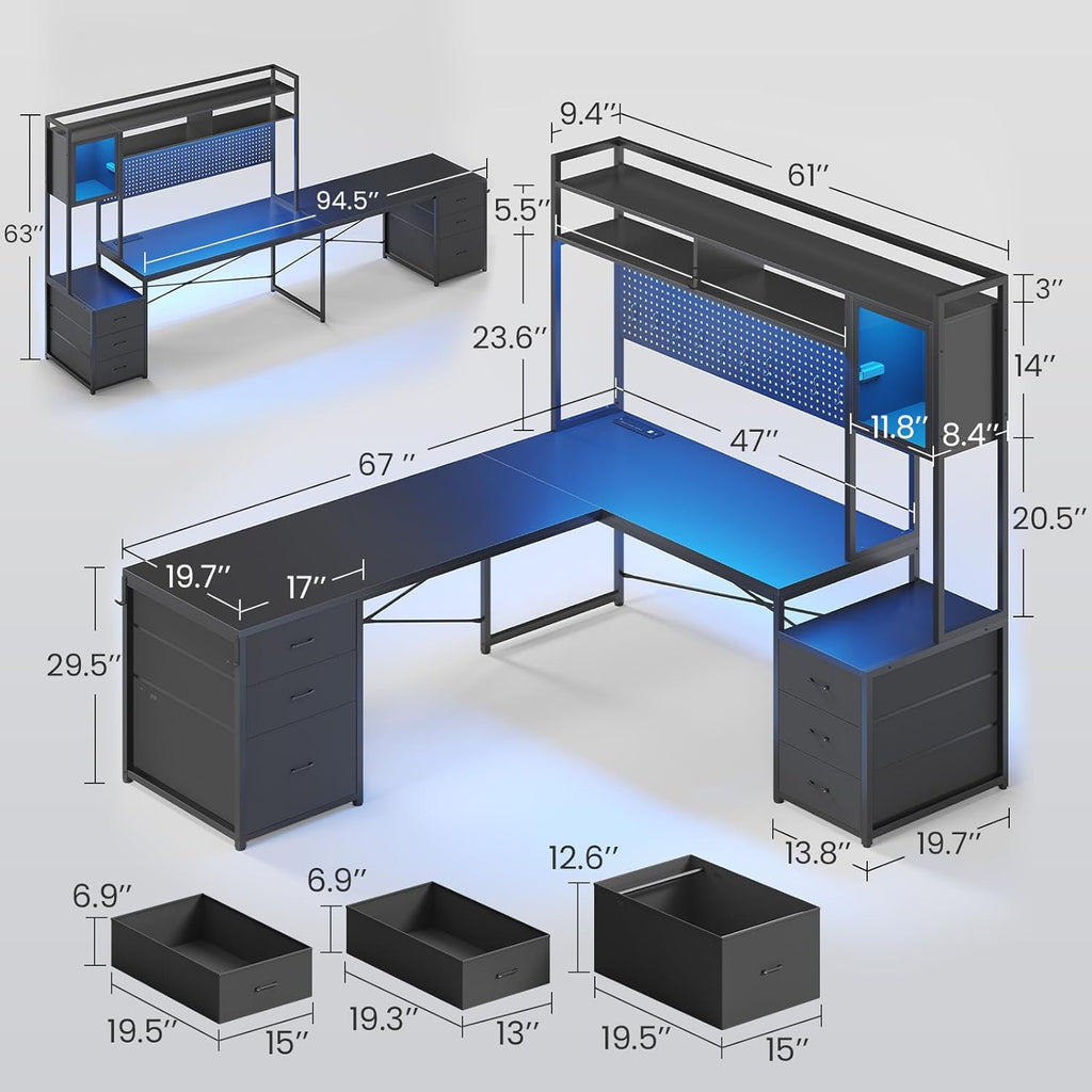 Reversible L Shaped Gaming Desk with 6 Drawers, Hutch, Led Lights | Computer Corner Desk with File Drawer, Storage