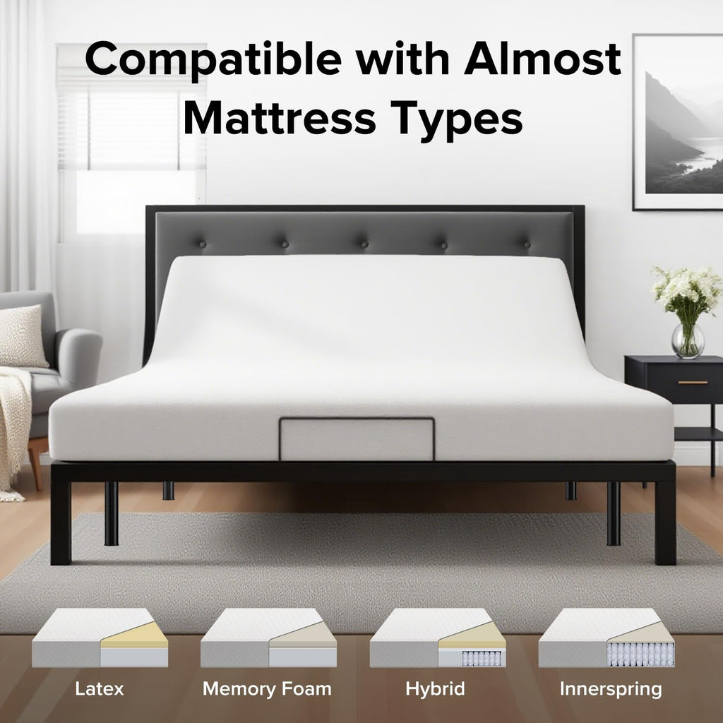 Queen Adjustable Bed Frame with Massage, Head & Foot Incline, Wireless Remote, Dual USB Ports & LED Night Light