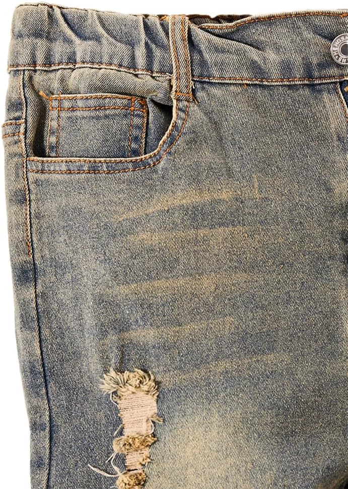 Tween Boys Jeans Retro Distressed Washed Ripped Frayed Stretch Blue Zipper Fly Denim Pants with Five Pockets