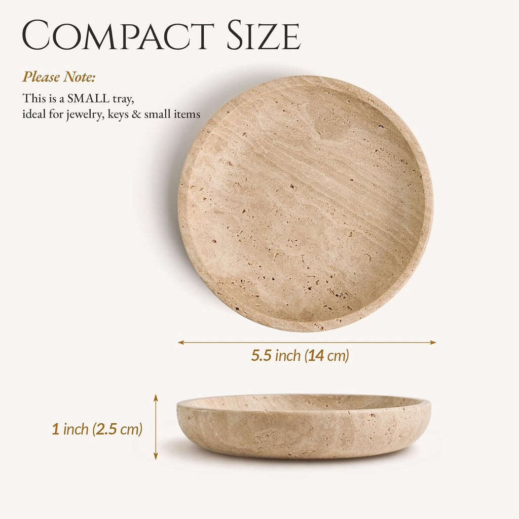 Natural Travertine Valet Tray - 5.5" Round Stone Jewelry Trinket Dish Catchall for Keys, Watches, Rings - Decorative
