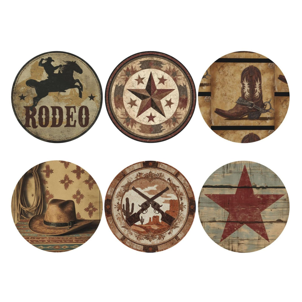 Western Coasters for Drinks with Holder Round Leather Coasters Set of 6 Cups Mugs Mat Pad Kitchen Bar