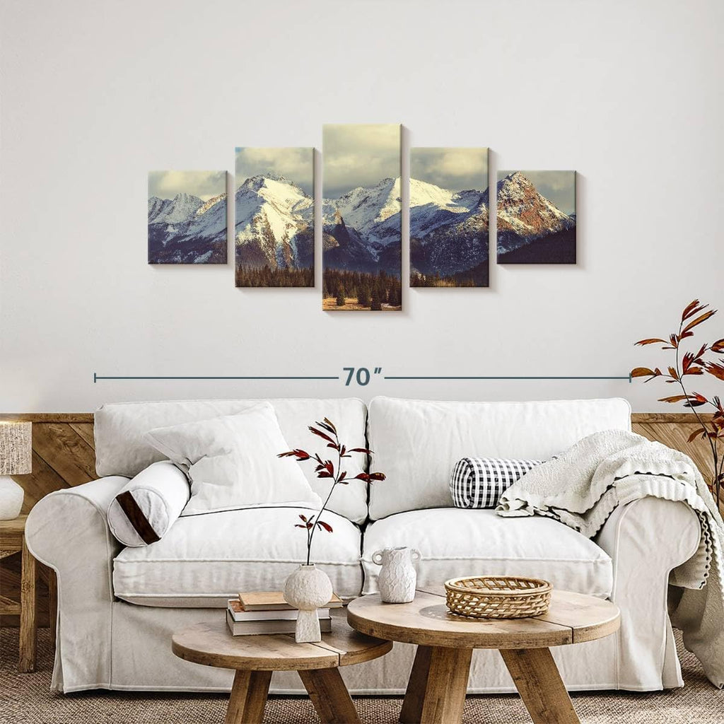 Rocky Mountains Wall Art Multi Piece Canvas - 5 Panel Nature Wall Decor - Snowy Scenery of the Pine Forest and