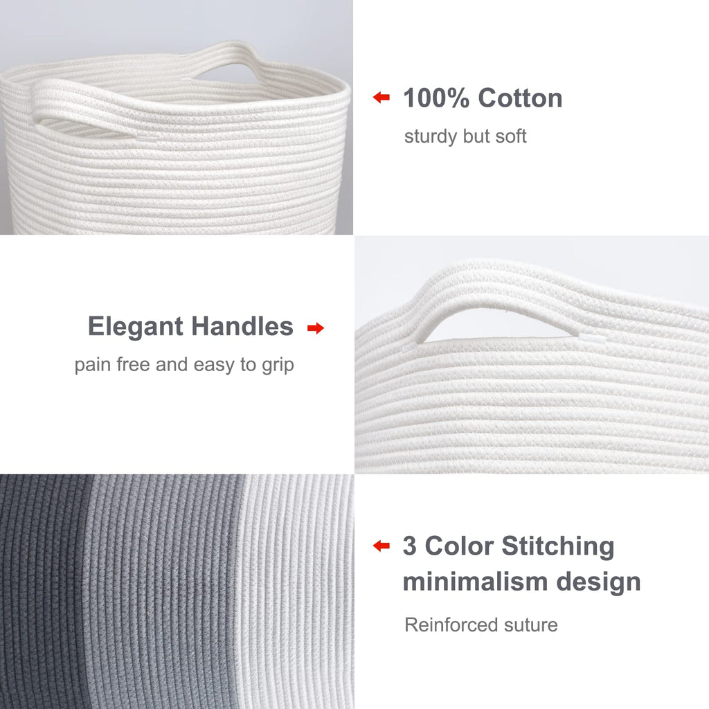 Cotton Rope Blanket Basket, 72L Tall Laundry Hamper, White & Gray