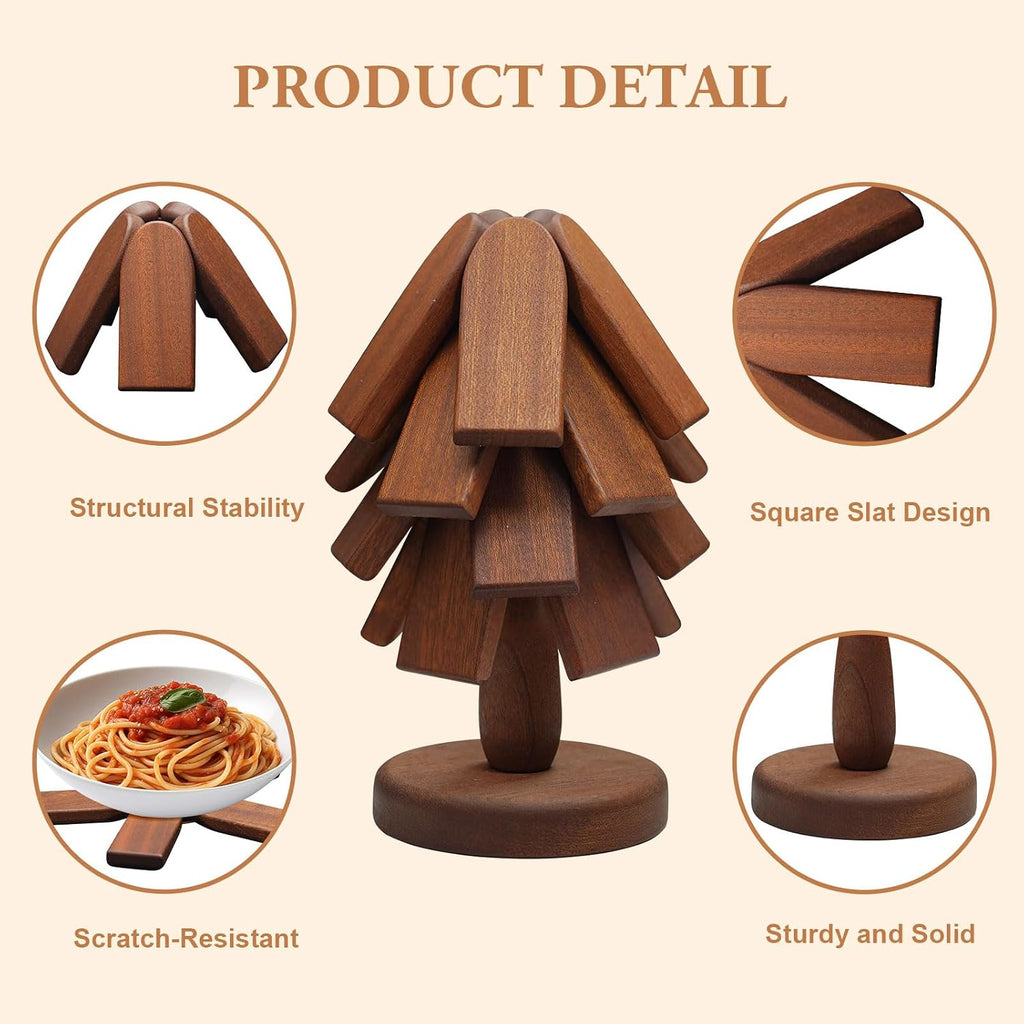 Square Wooden Trivet Set for Hot Dishes Sapele Wood Tree Shape Trivet Set
